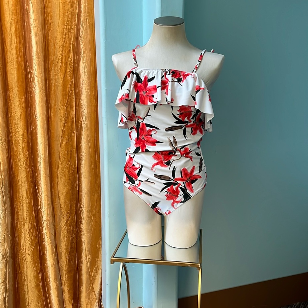 NWOT Albion XL white floral ruffle off the shoulder 1 piece swimsuit.